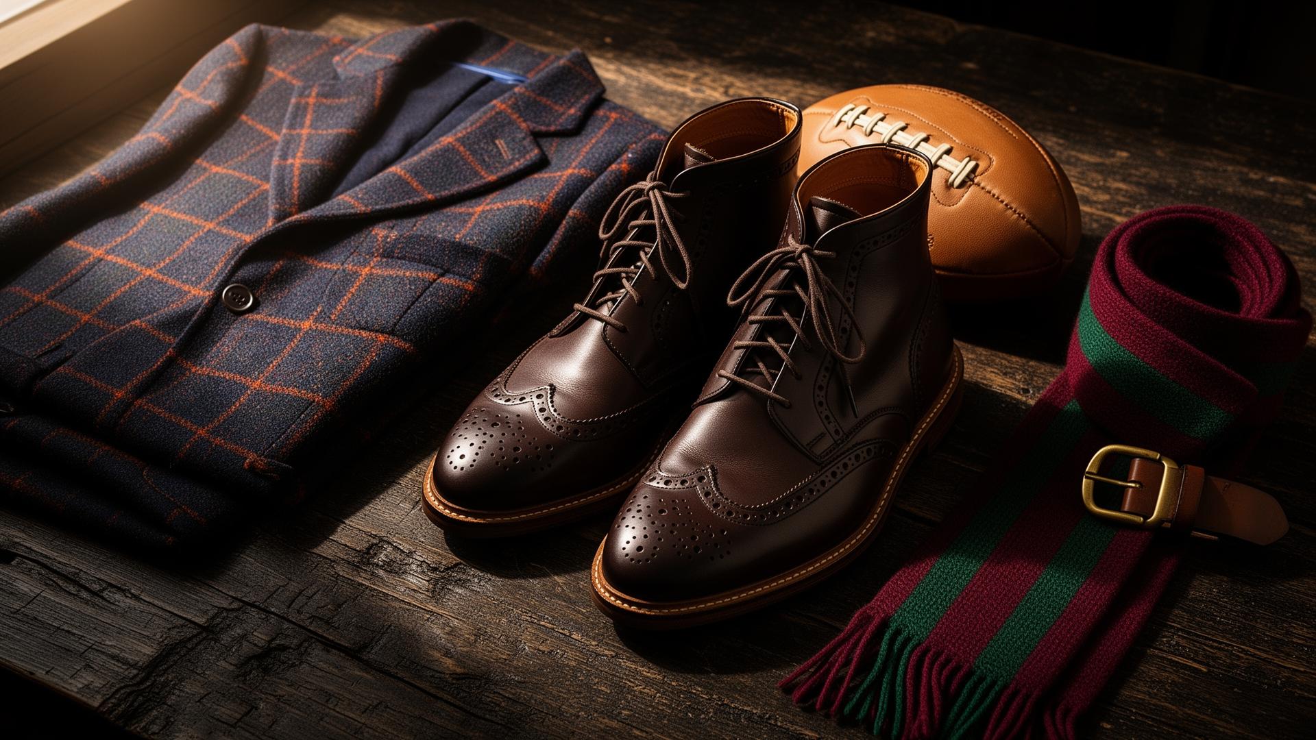 Heritage menswear flat lay with navy blazer, brogue boots, tweed and lambswool scarf